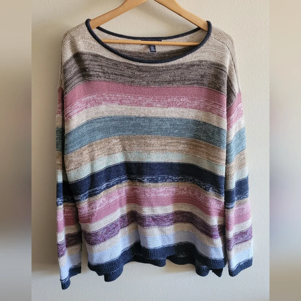 Chaps Boatneck Pullover Knit Sweater Top Women's Petite XL, Cream, Navy and Pink - Picture 1 of 8